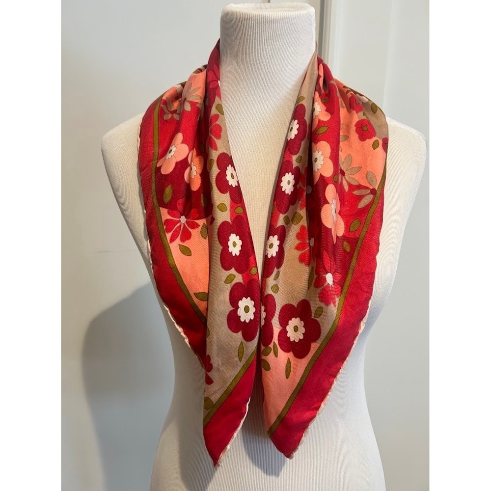 Vibrant Vintage Floral Silk Scarf Red Pink Tan Square Neck Scarf Accessory Mod - Picture 3 of 13